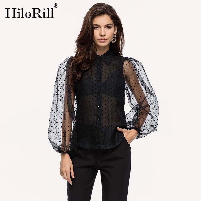 Women Black Organza Blouse Transparent Turn Down Collar Long Puff Sleeve Shirt Female Ladies Tunic Tops 210508
