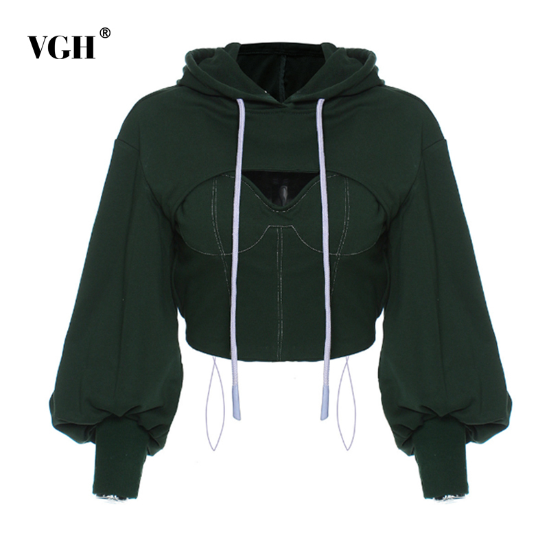 VGH Drawstring Hooded Sweatshirtf For Women Hollow Out Lantern Sleeve Sexy Crop Top Casual Hoodies Female Autumn Fashion 210421