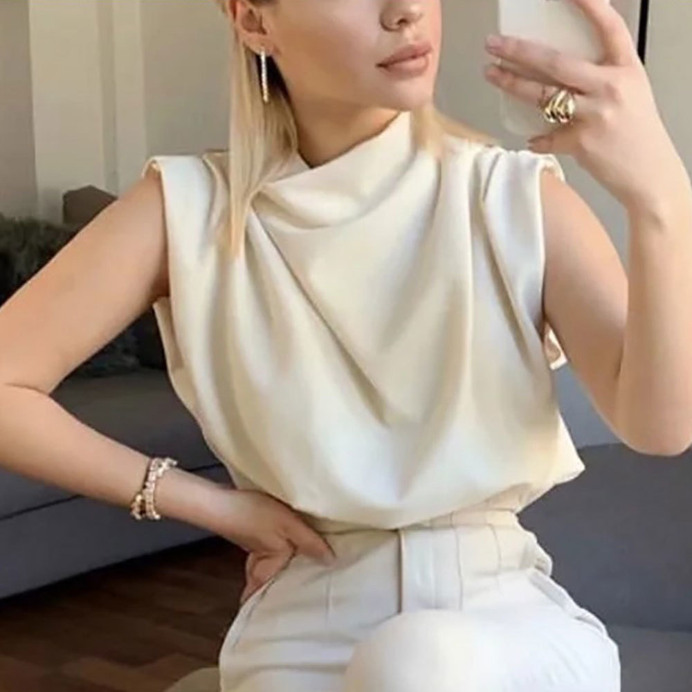 Women Elegant Stand Collar Loose Blouse Summer Sleeveless Solid Shirt Vintage Tops Female Chic Ruched Tunic OL Clothing 210428