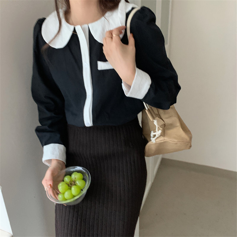 Puff Sleeves Office Lady Color-Hit Female Streetwear Early Spring Chic High Quality Korean All Match Shirts 210421