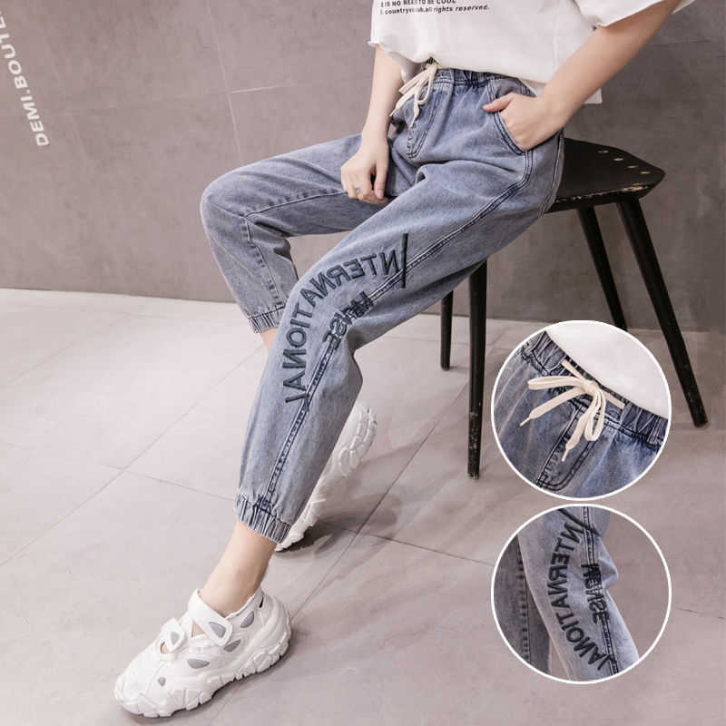 Letter Embroidery Elastic High Waist Denim Ankle Banded Pant Casual Harem Large Size Fashion Trousers 210809