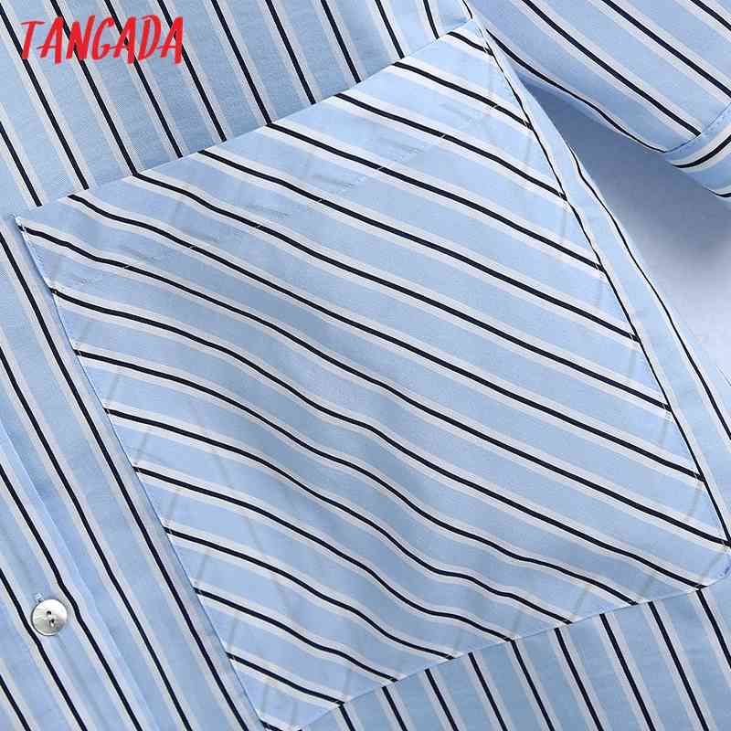 Fashion Women Striped Print Shirt Pocket Long Sleeve Ladies Midi Dress with Slash BE601 210416