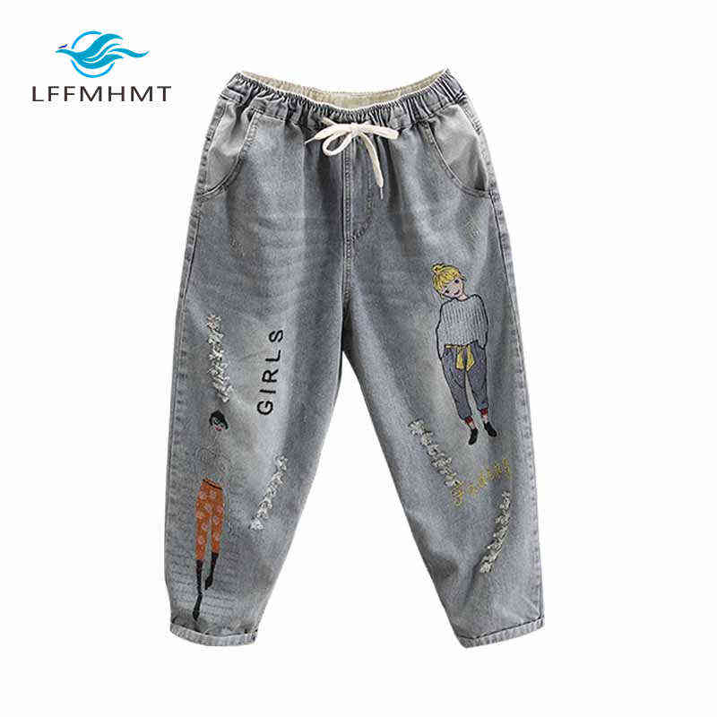 6859 Fashion Korea Style Vintage Hole Girl Embroidery Ankle-length Denim Jeans Female Casual Loose Harem Pant Trousers Cloth 211129