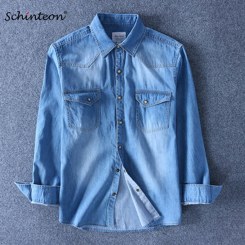 Schinteon Spring Autumn Men Denim Thin Shirt Long Sleeve Soft 100% Cotton Two Pockets Slim Slight Elastic Jeans Cowboy 4XL 210410