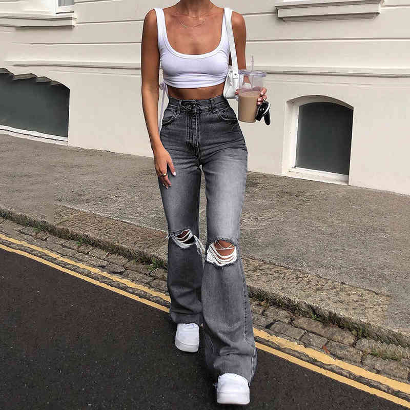 women flare Jeans Ripped jeans female high quality slim denim pants waist long trousers 210524