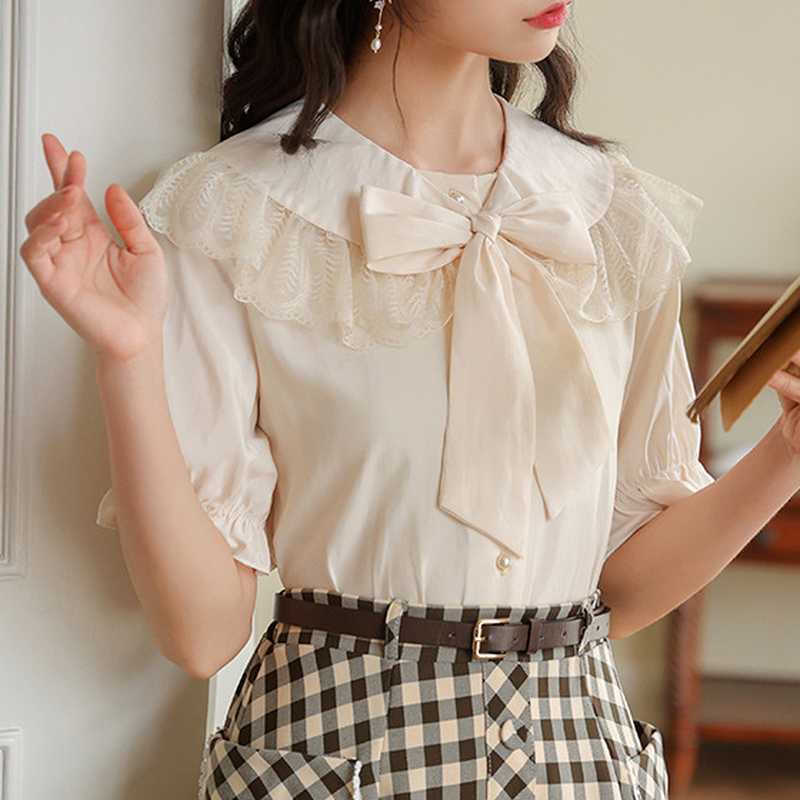 Sweet Fresh Bow Decoration Blouses for Women Summer Peter Pan Collar Patchwork Shirts Elegant All-match Woman Tops 210525