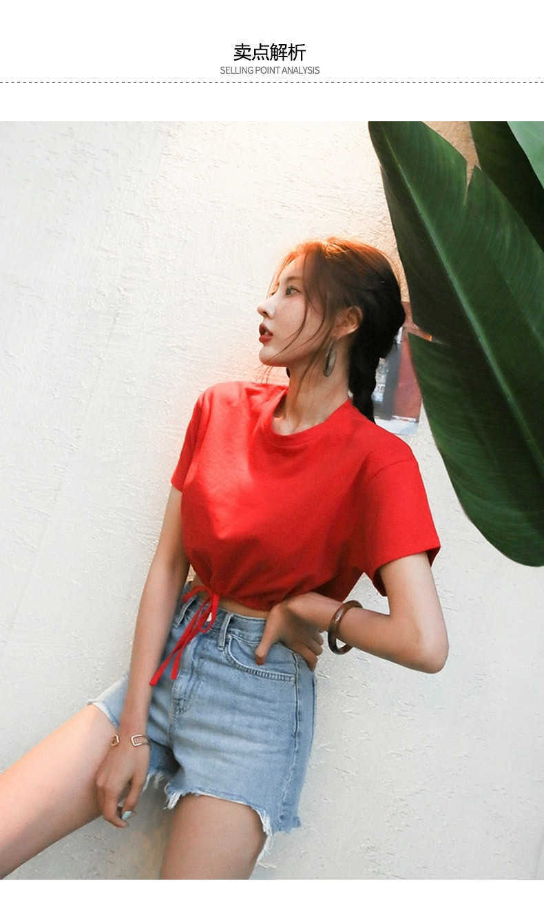 WOMENGAGA Korea summer short slim sexy navel bow Drawstring waist sleeve T-shirt women's tees tops top KJM8 210603
