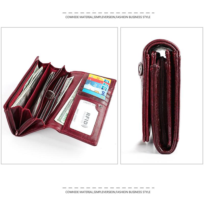 Wallets BONAMIE Genuine Leather Women With Zipper Pocket High Quality Clutch Long Cowhide Wallet RFID Fashion Female Purse