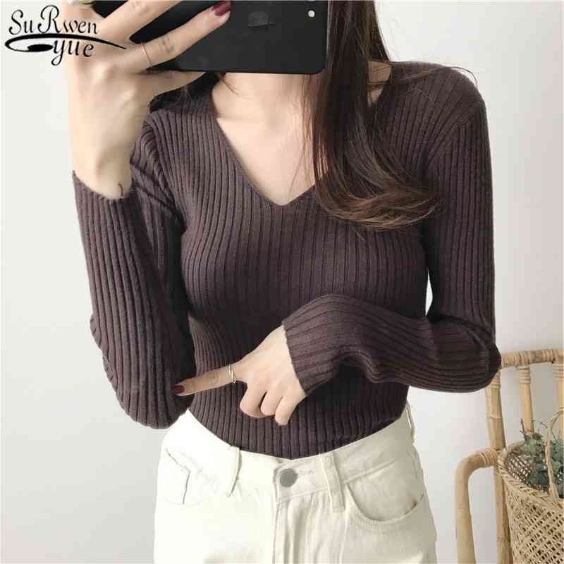 Fashion Solid Pullover Sweater Women Autumn and Winter V-neck Knitted Long Sleeve Slim Warm Women's Sweaters 10308 210427