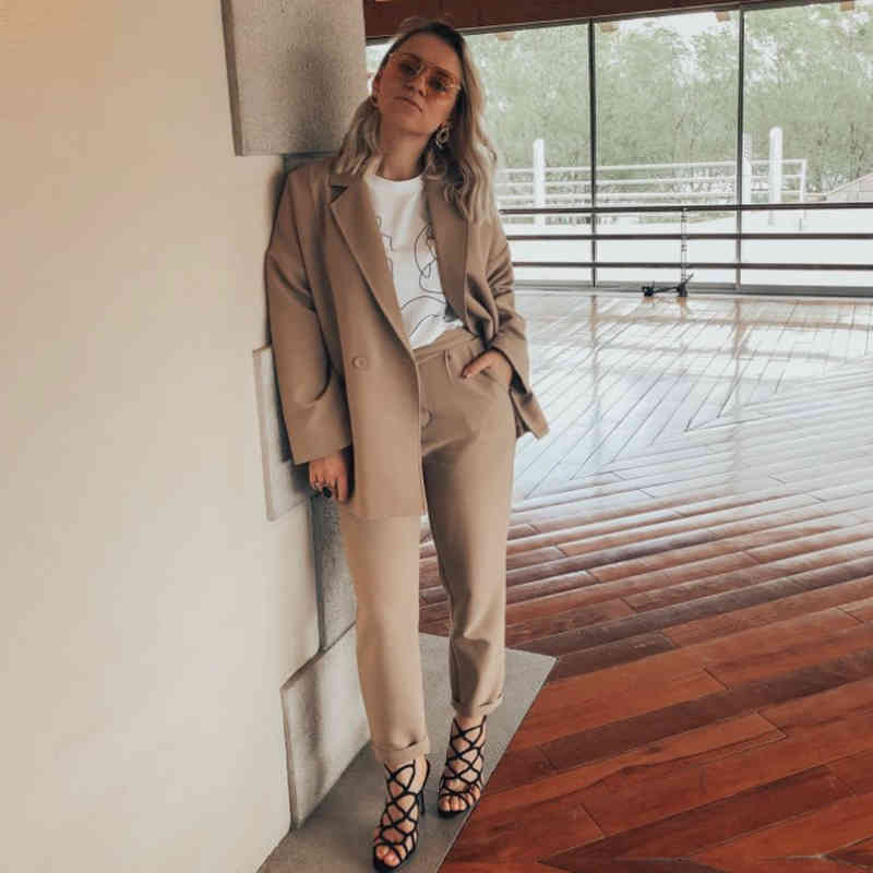 Arrival Autumn high quality Solid Women Pant Suits Notched Collar Blazer Jacket & Pencil Khaki Female Suit S11 210512