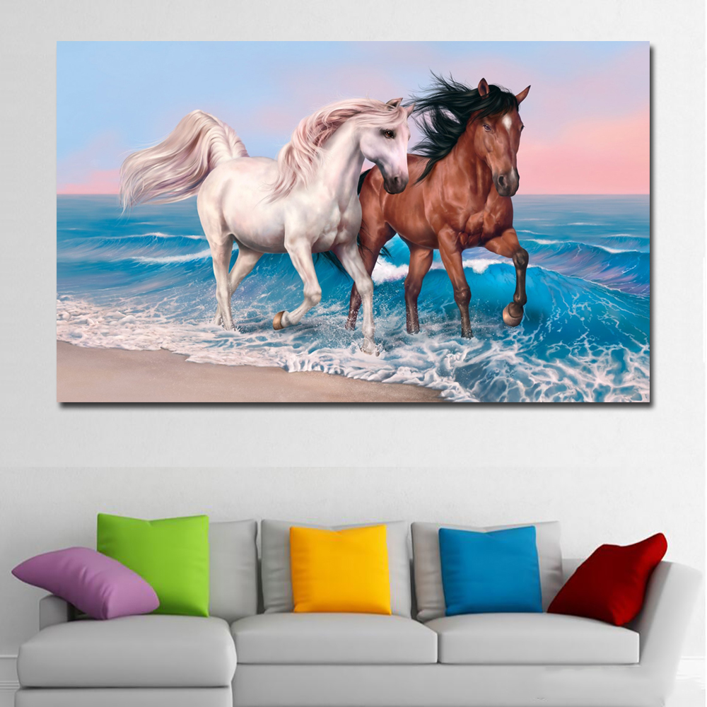 Two Horses Animals Painting Wall Art Canvas Posters and Prints Seawave Landscape Canvas Painting Modern Wall Picture