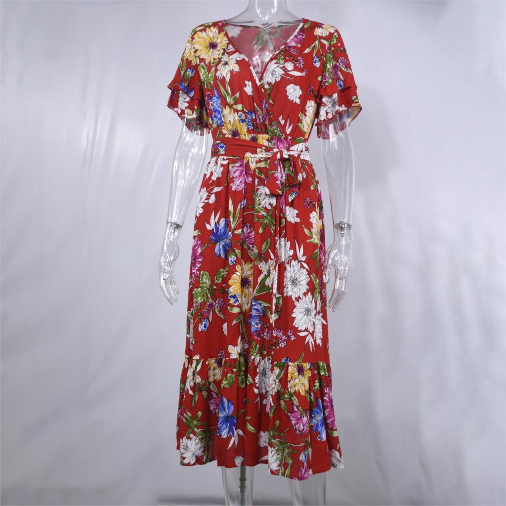 Boho Flower Print Summer Dress Ruffle V Neck Sashes Beach Ladies Long Dresses Cotton Yellow Sundress Fashion Women Clothes 210415