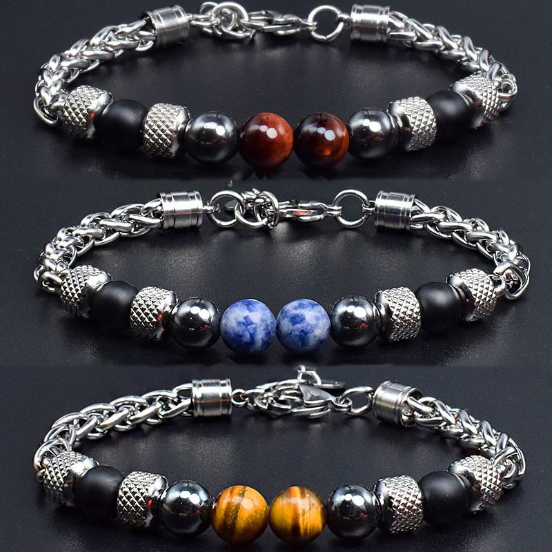 Beaded, Strands Natural Stone Beads Men Bracelet Stainless Steel Chain Mens Jewelry Pulseras Bracelets Homme Bijoux Hippie Armband Pulseira