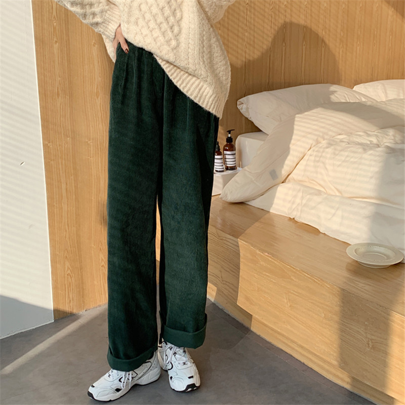 OL Elegant Minimalist High Waist Straight Corduroy Pants Women Spring Autumn Casual Wide Leg Trousers 210421