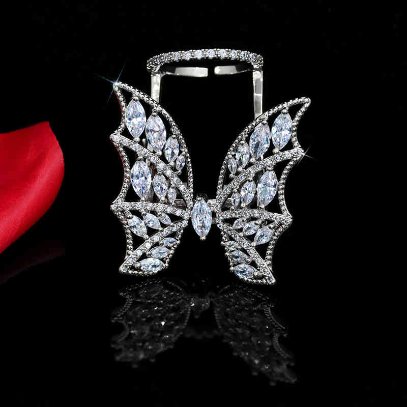 Net Red Same Korean Ring Female White Gold Butterfly Opening Mossan Diamond Adjustable with Micro Set Zircon