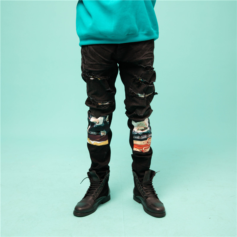 Mens Jeans European and American High Street Fashion Brand Wash Water Knife Cut Holes Black Retro old Scarf Applique Slim Stretch Men, Blue
Mens Jeans European and American High Street Fashion Brand Wash Water Knife Cut Holes Black Retro old Scarf Applique Slim Stretch Men, Blue
