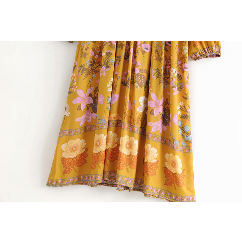 V-neck Vacation Style Waist Tassel Female Dress Solanum Print Long-sleeved Seaside Beach Female Dress Summer 210507