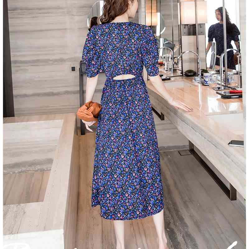 Floral Print Summer Dress Vintage Puff Short Sleeve Sexy Hollow back Beach Women Split Long Robe Vestidos 210519