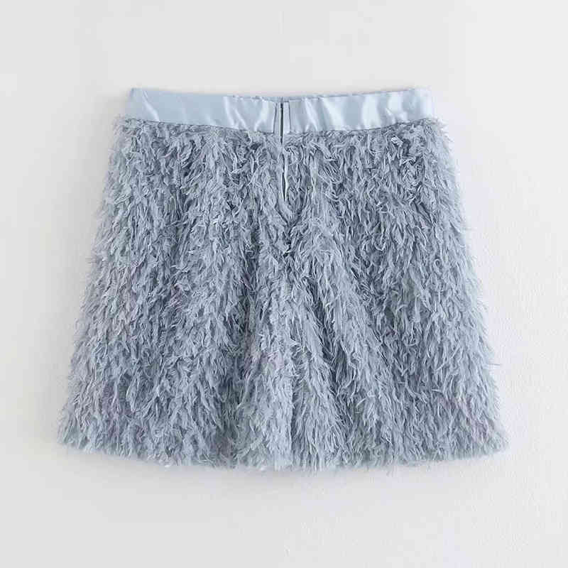 Women Fashion Feathers Decoration Blue Mini Skirts Summer High Waist Streetwear Chic A-line Skirt faldas mujer moda 210421
