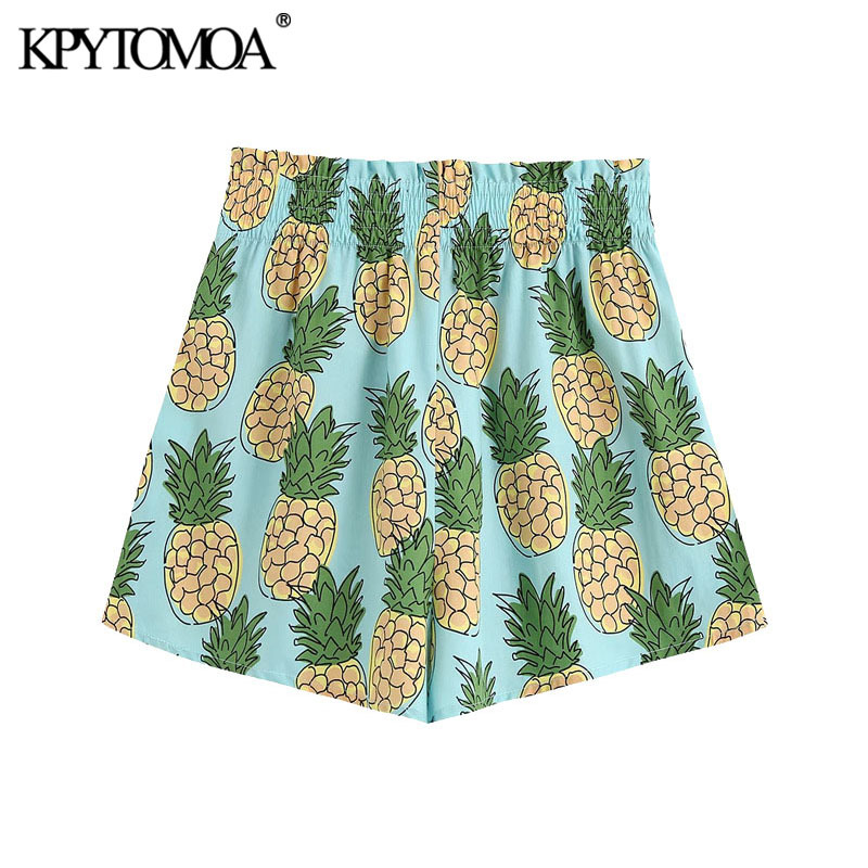 Women Chic Fashion Pineapple Print Shorts High Elastic Waist Patch Pockets Female Short Pants Pantalones 210420