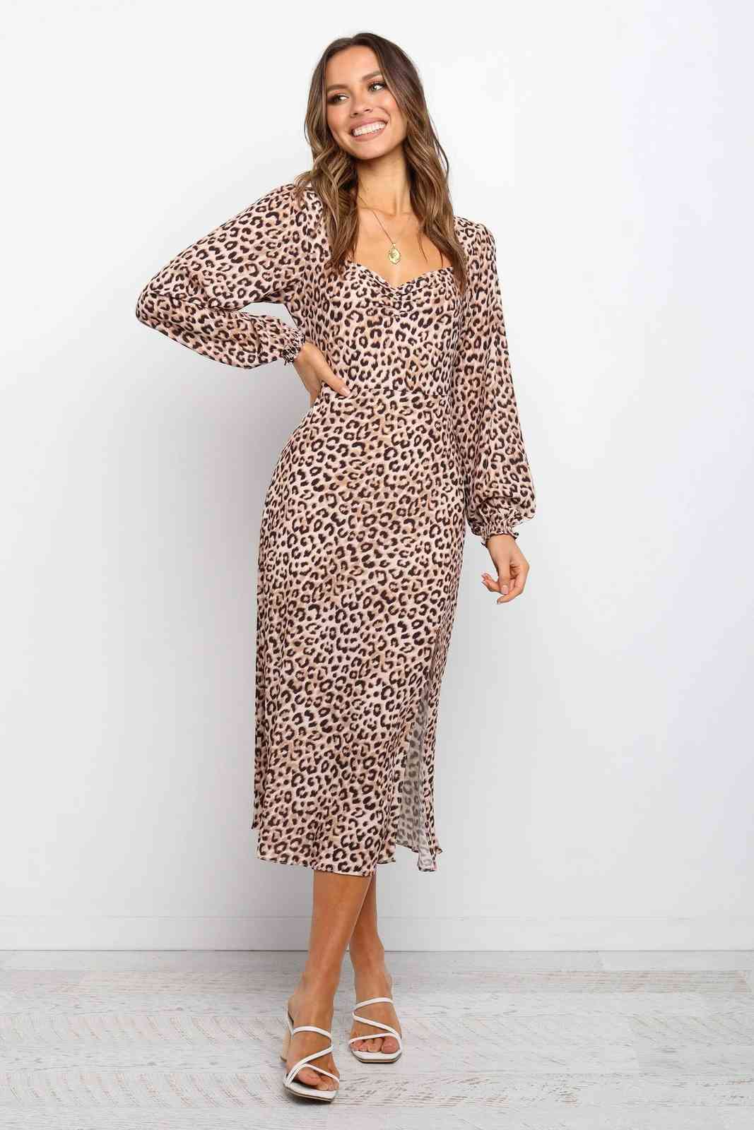 Foridol Long Sleeve Leopard Print Midi Dress Women Clothes Vintage Chic Maxi Streetwear Casual Dress Spring Autumn Dress Slit 210415