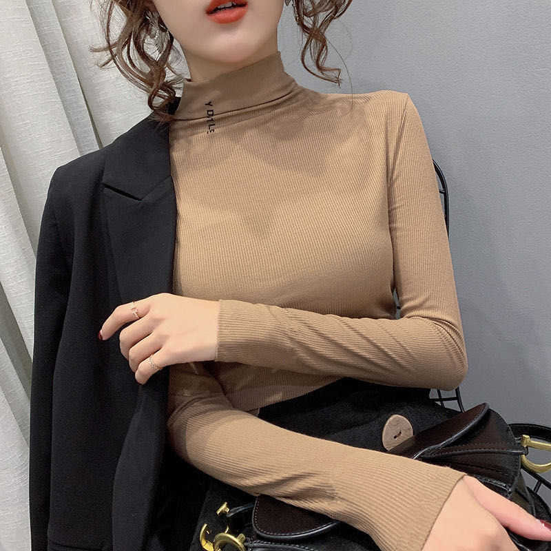 Autumn Winter Half High Collar Thin T-shirt Women Casual Long Sleeve Slim Bottoming Pullover Fashion Stretchable Soft Rib Tshirt 210526