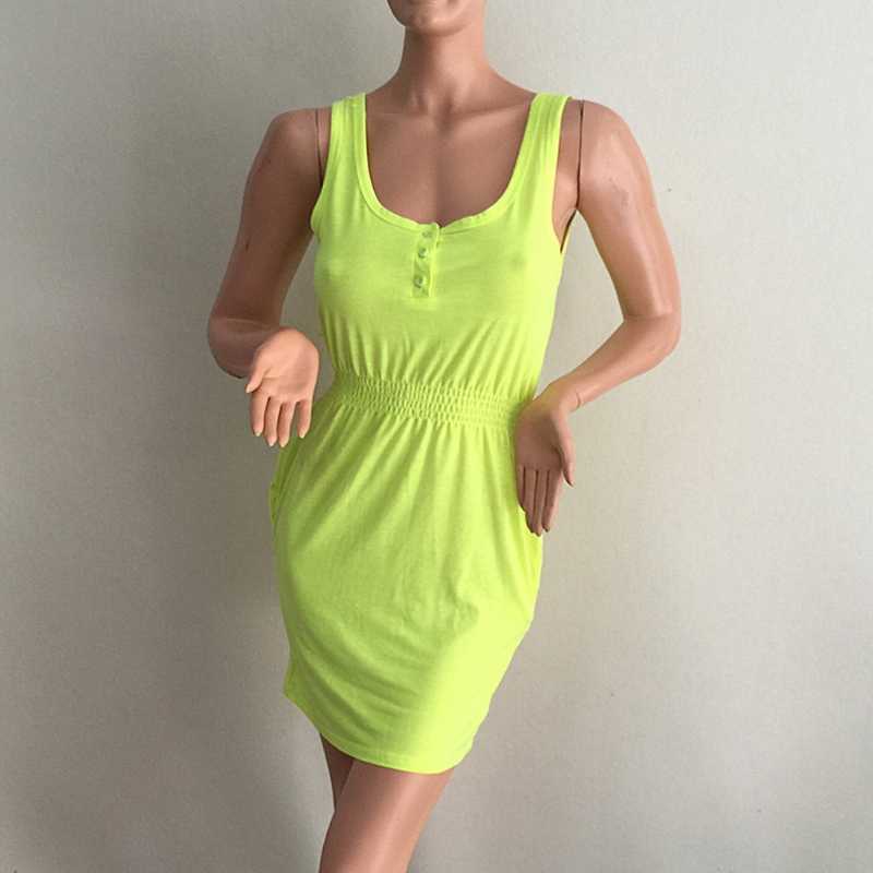 Women Summer Sleeveless Mini Beach Dress Plus Size Club Wear Knee Length Bodycon Cotton Solid Short Dress 210630