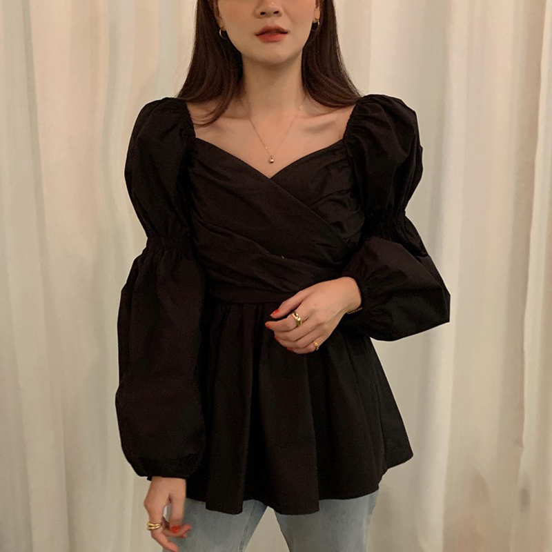 Nomikuma Vintage Elegant V-neck Blouse Shirt Causal Cross Pleated Slim Waist Women Tops Spring New Puff Sleeve Blusas 6E025 210427