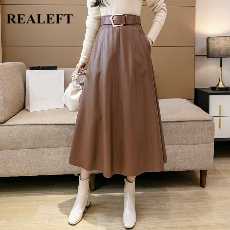 REALEFT Winter Women's PU Leather Skirts With Belt Vintage High Waist Solid Color Ladies Midi Long A-Line Skirts Female 211119