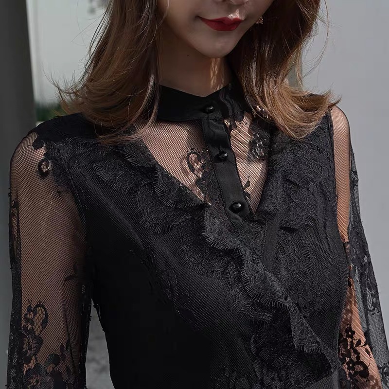 Summer Spring Mesh See Through Lace Black Dress Women Vintage Casual Midi Long Dresses Streetwear de fiesta Plus Size 2X 210421