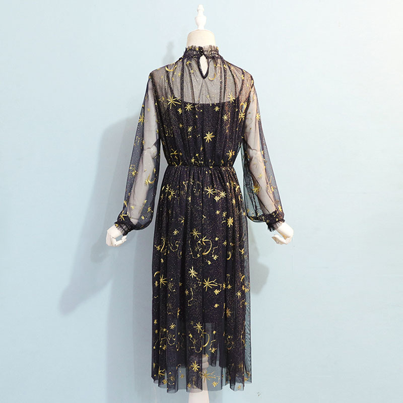 Star Moon Embroidery Dress Women Printing Mesh Puff Sleeve Long Gray Beige Navy Stand Collar Midi Party 12992 210427