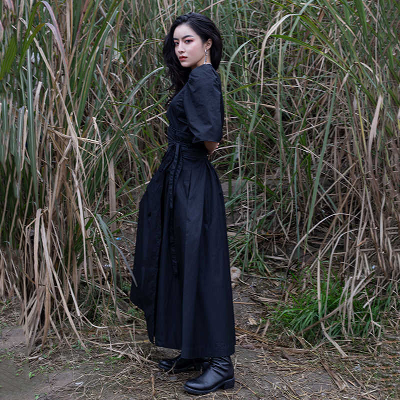 [EAM] Spring Summer High Waist Banadahe Black Pleated Split Joint Big Hemline Half-body Skirt Women Fashion JR478 210621