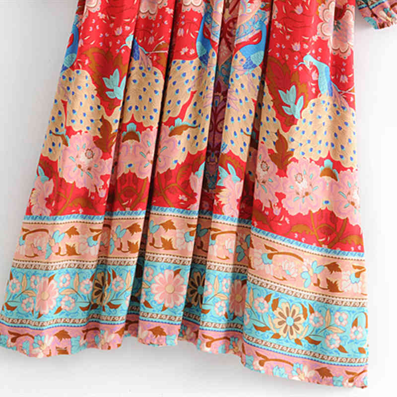 Chu Sau beauty Boho Floral Print Maxi Dress Women Holiday Style Bow Tassel Long Dresses Female Loose Beachwear 210508