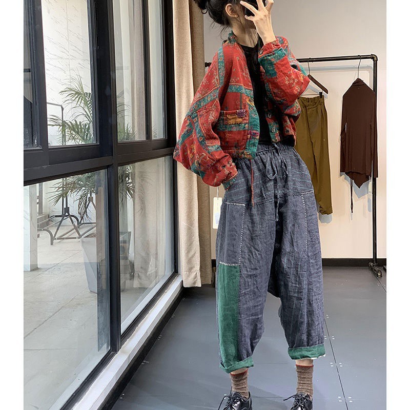 Arrival Spring Autumn Arts Style Women Long Sleeve Loose Short Coat Single Breasted Vintage Print Cotton Jackets Coats V181 210512