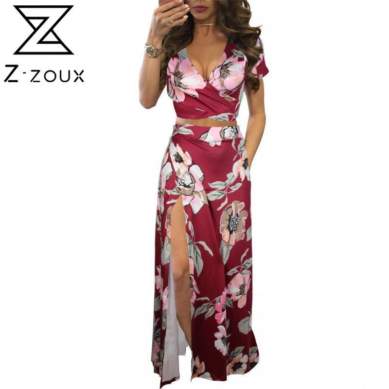 Women Sets Sexy Skirt Deep V Neck Short Sleeve Crop Top High Waist Split Maxi Two Piece And 210513