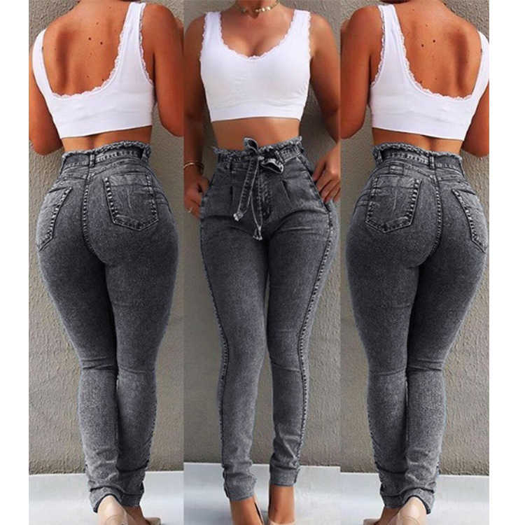 High Waist Jeans For Women Slim Stretch Denim Jean Bodycon Tassel Belt Bandage Skinny Push Up Jeans Woman 210616