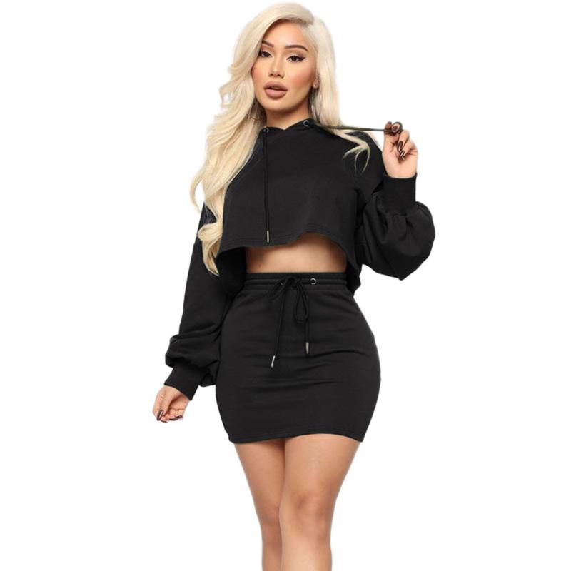 Spring Autumn Two Piece Skirt Set Women Hooded Long Sleeve Sweatshirt Crop Top And Mini Casual Club 2 Outfits Women's Tracksuits
