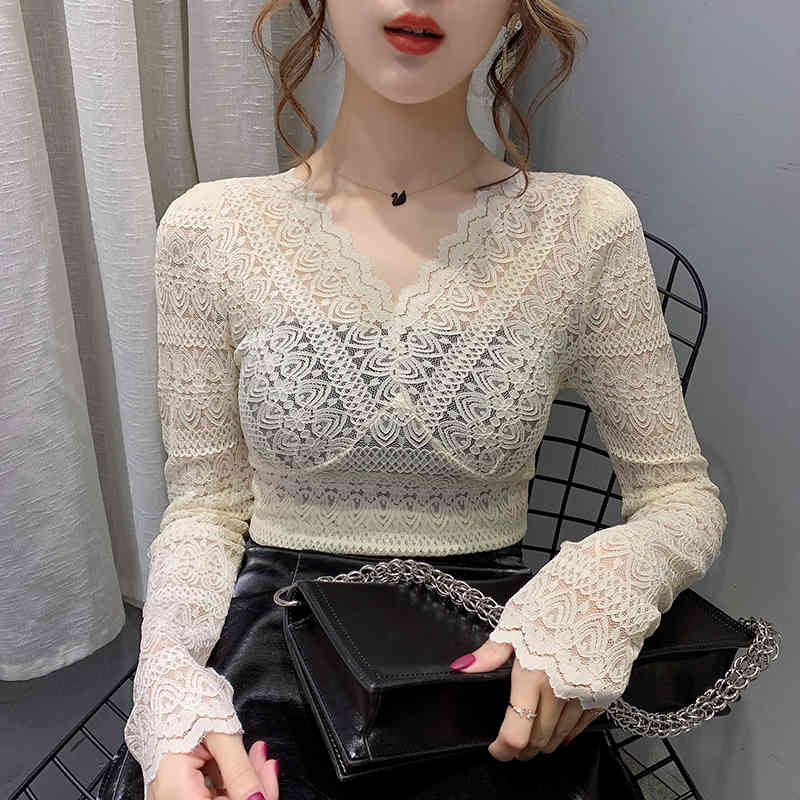 Fashion Spring See Through Top Women Sexy Shirt Lace Hollow Out Solid V-Neck Balck Long Sleeve Tops 7908 50 210415