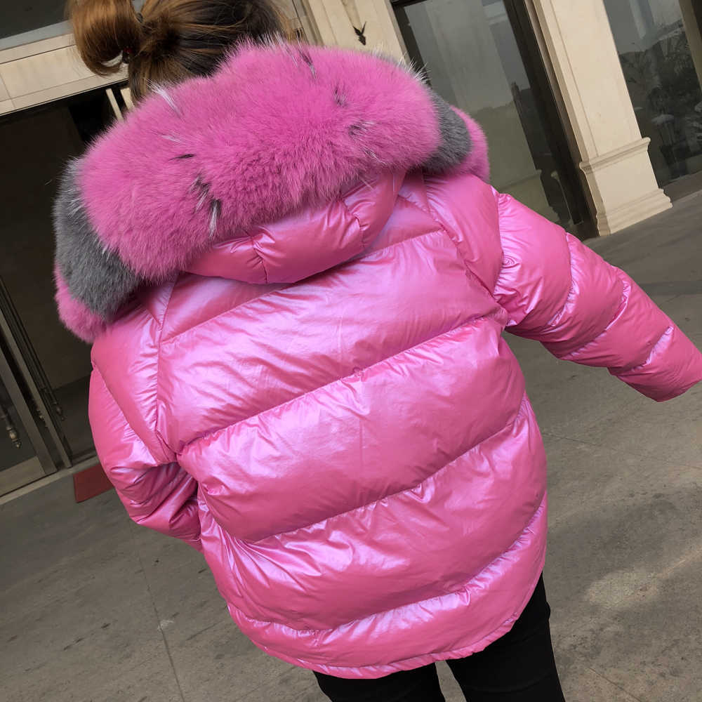 FTLZZ Women Double Sided Silver Golden Duck Down Coat Winter Large Fur Collar Waterproof Jacket Hooded Snow Outerwear 211018