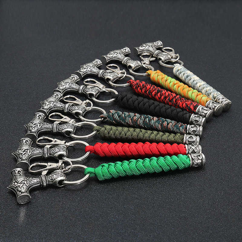 Vintage Handmade Keychain Viking Rune Hammer Car KeyRing Mjolnir Outdoor Mountaineering Survival Braided Rope Men Norse Jewelry G1019