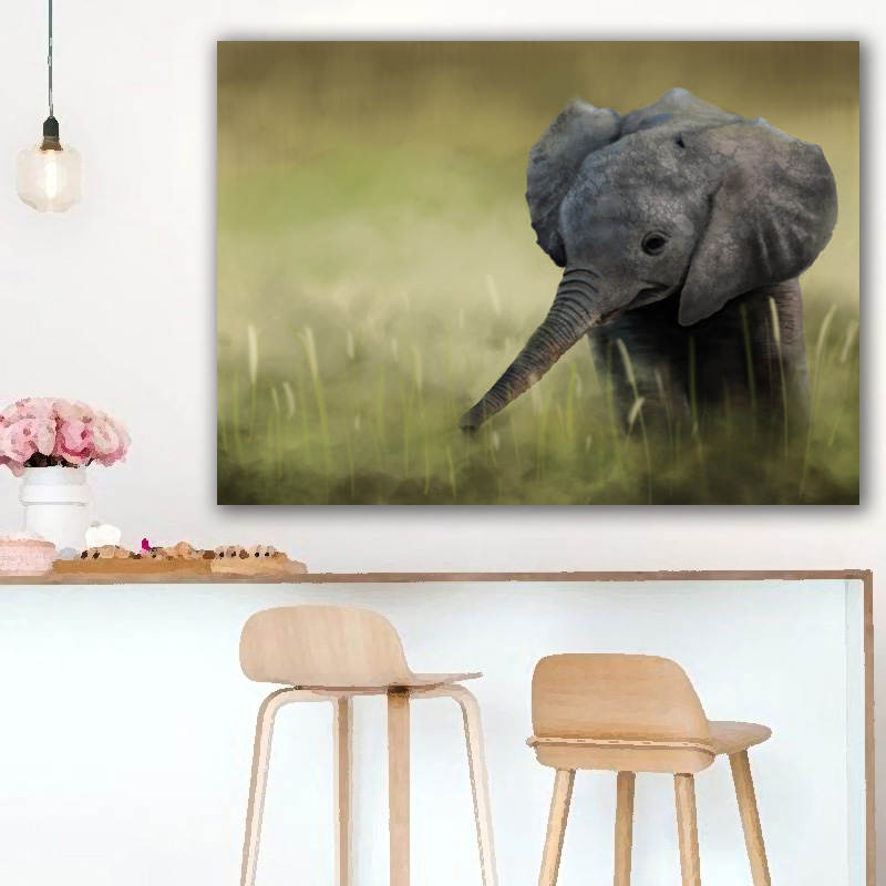 Wall Art Decoration Elephant Cubs Animal Painting Green Landscape Picture Printed on Canvas for Living Room Poster Cudros Decor