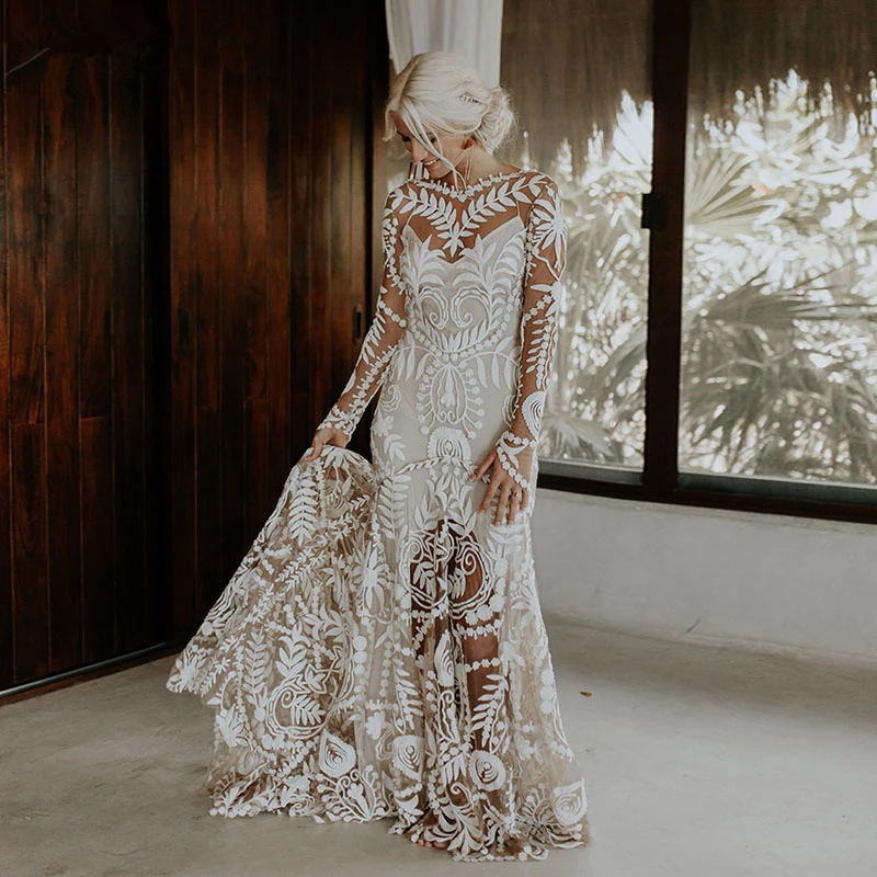 Bohemian Lace Wedding Dresses Bridal Gowns Long Sleeve Low Backless Chic Noivas Boho Rue de Soriee