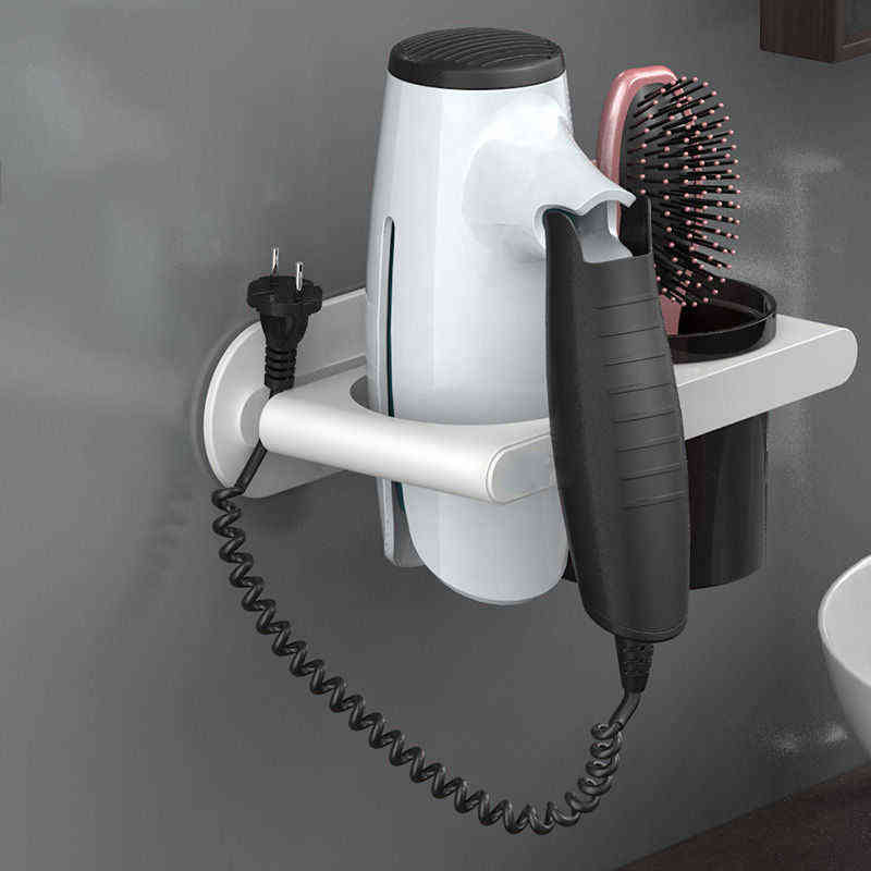 Wall Mounted Hair Dryer Holder Self-Adhesive dryer Rack Punch-Free Bathroom Supplies Shelf Organizer 211112