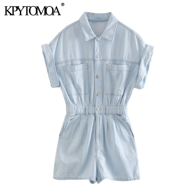 Women Chic Fashion Pockets Denim Playsuits Turn-up Sleeves Elastic Waist Female Short Jumpsuits Mujer 210420