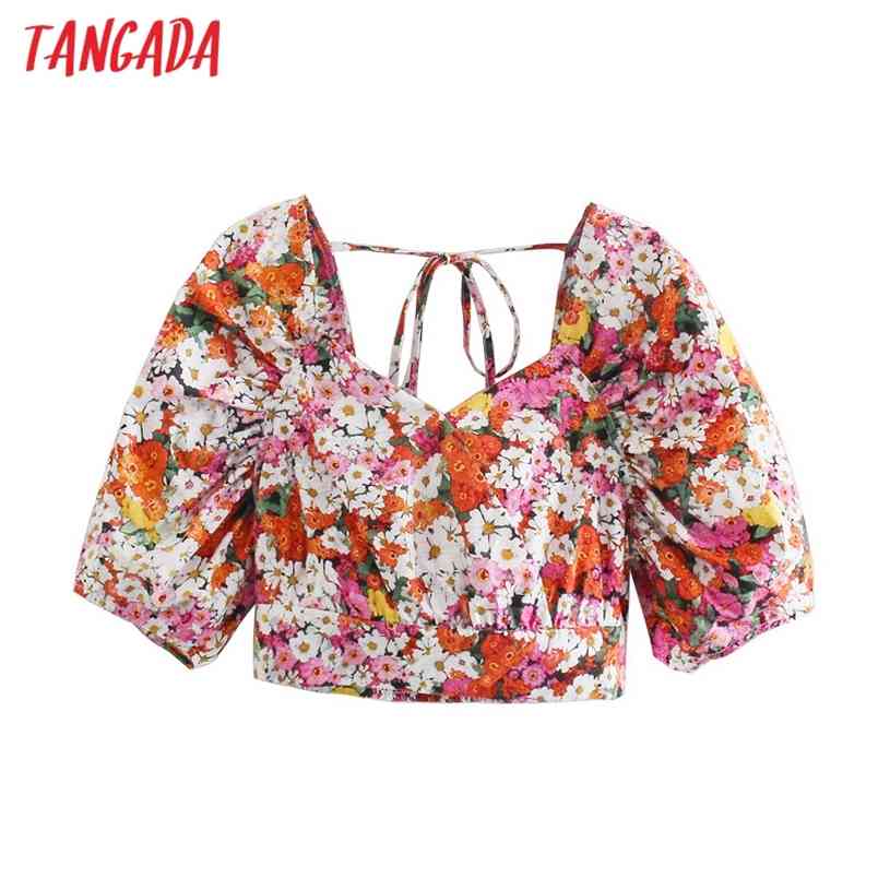 Women Retro Print Crop Short Sleeve Summer Chic Female Sexy Slim Shirt Tops 5Z41 210416