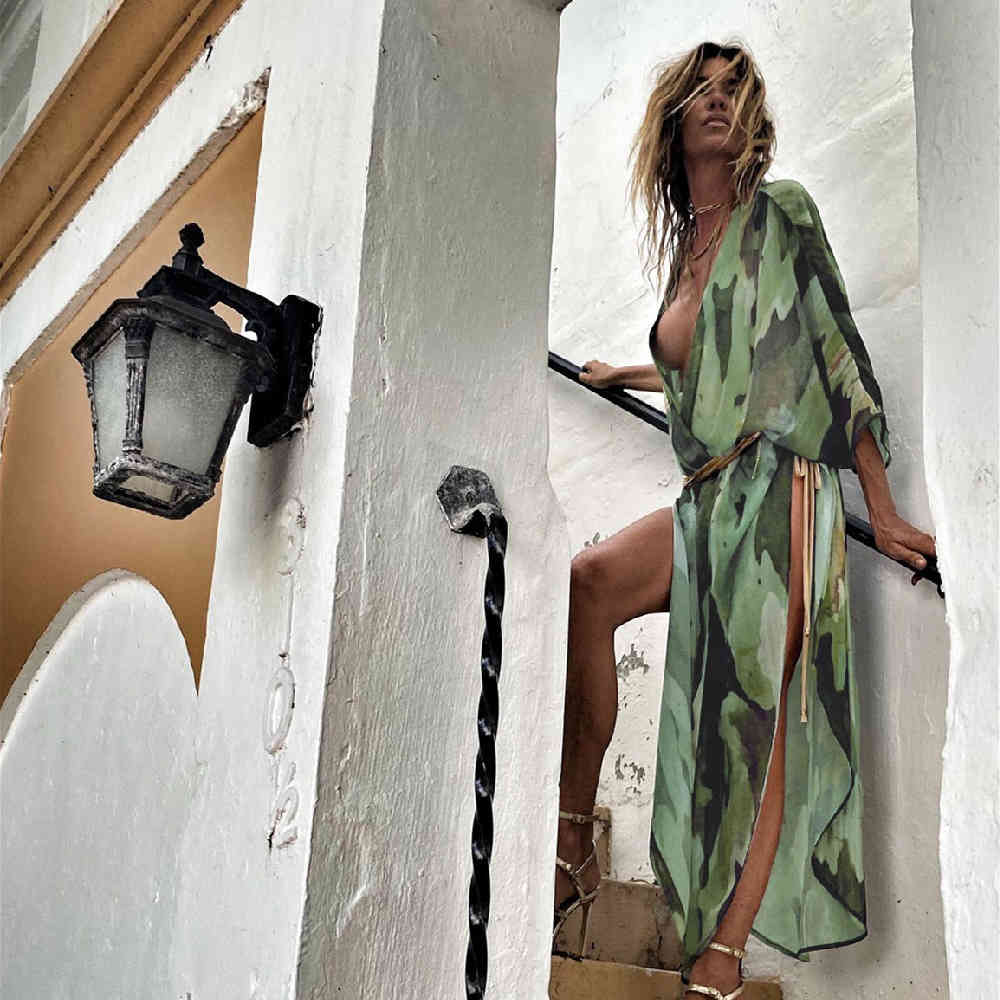 Boho Print Chiffon Tunic Sexy Bathing Suit Cover-ups Plus Size Beach Wear Kimono Dress Women Summer Swimsuit Cover Up A793 210420