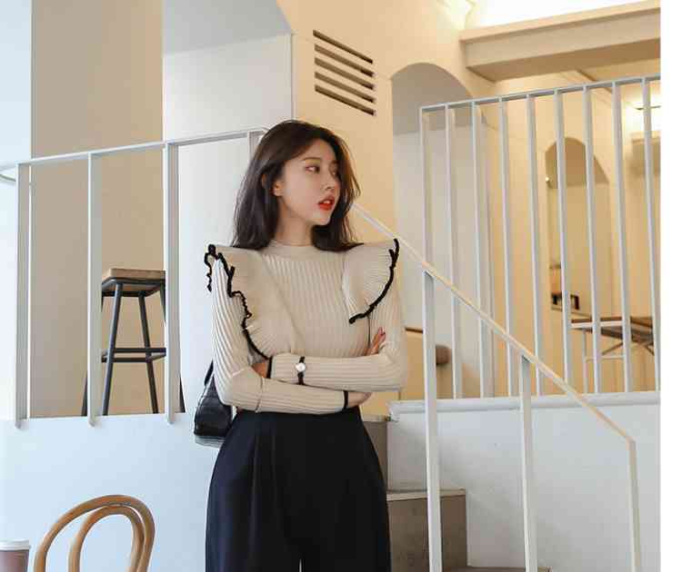 Autumn fashion Hit Color Ruffled Stitching Women's Pullover Sweater All-match Lotus Leaf Edge Female Knitwear Tops 210518