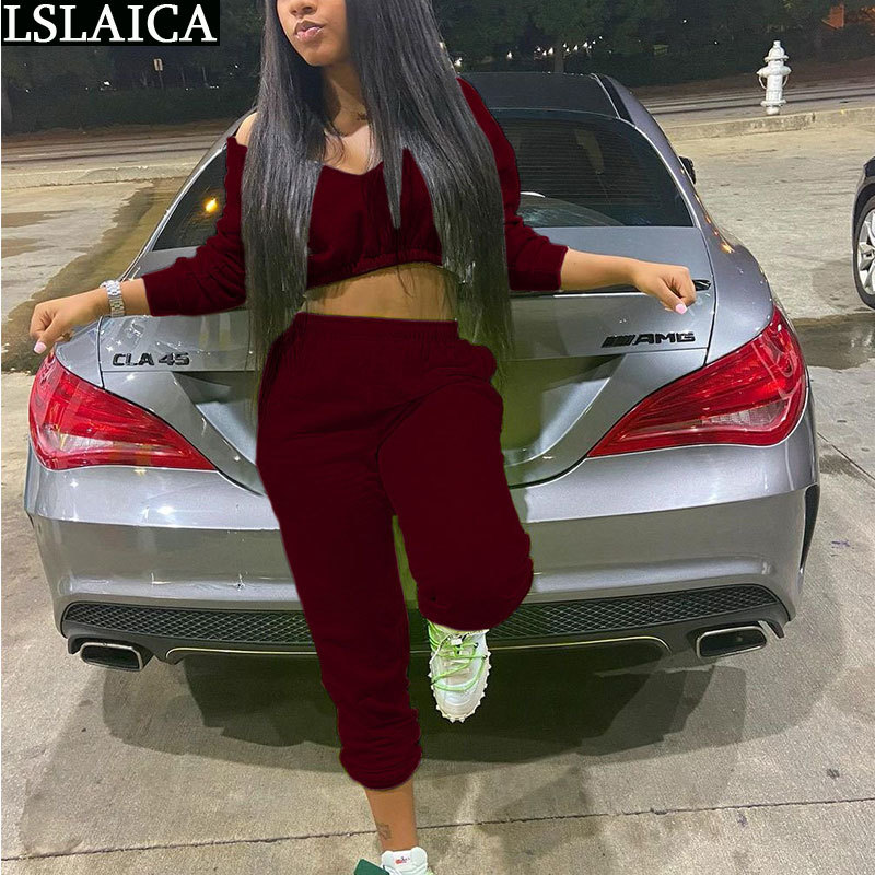 Tracksuit Women Off Shoulder Sweatshirt Waistless Fashion Streetwear Two Piece Set Pocket Casual Dresy Damskie 210520