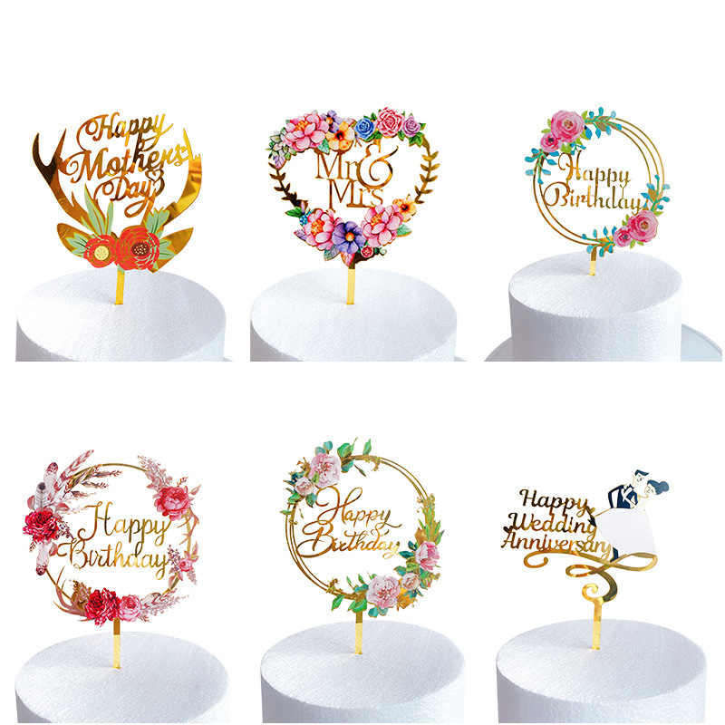 Color Printing Flowers Acrylic Cake Insertion Birthday Wedding Happy Cake Decoration(The logistics price Pls Contact us)
