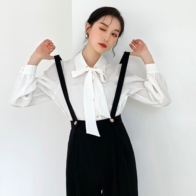 Elegant Vertical Stripe Bow Tie Blouse Women's Spring Long Lantern Sleeve Metal Button Simple Shirt 5B631 210427